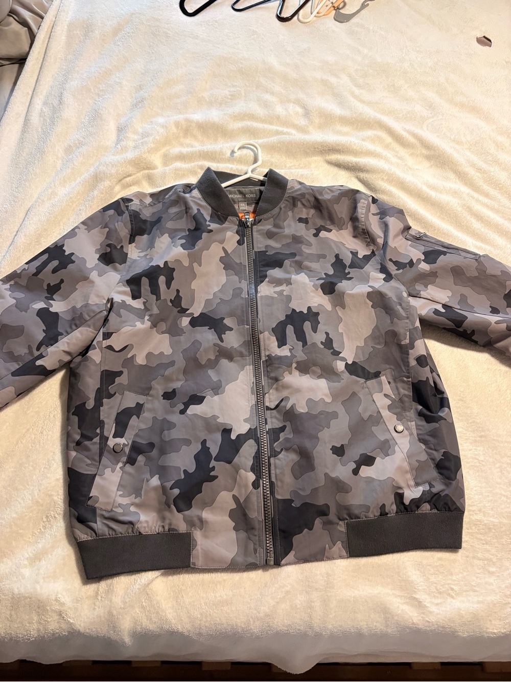 Michael Kors Gray Camo Jean-Style Bomber Jacket with Orange Lining
